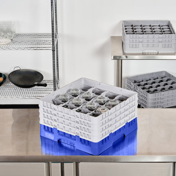 Restaurantware Clean Tek Professional Blue Glass Rack - 16 Compartments 1 Full Drop And 3 Half Drop Extenders - 19 3/4" X 19 3/4" X 10 1/2" - 1 Count Box