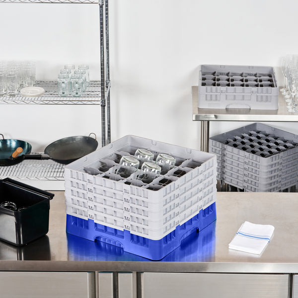 Restaurantware Clean Tek Professional Blue Glass Rack - 16 Compartments 1 Full Drop And 4 Half Drop Extenders - 19 3/4" X 19 3/4" X 12 1/4" - 1 Count Box