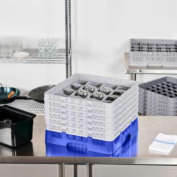 Restaurantware Clean Tek Professional Blue Glass Rack - 16 Compartments 1 Full Drop And 5 Half Drop Extenders - 19 3/4" X 19 3/4" X 13 3/4" - 1 Count Box