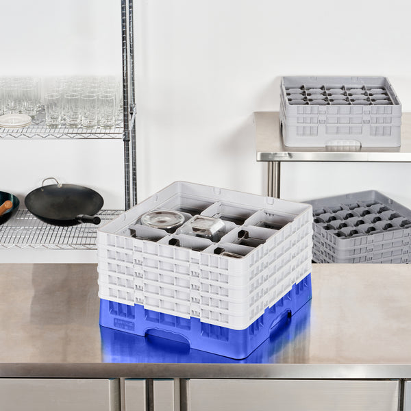 Restaurantware Clean Tek Professional Blue Glass Rack - 9 Compartments 1 Full Drop And 4 Half Drop Extenders - 19 3/4" X 19 3/4" X 12 1/4" - 1 Count Box