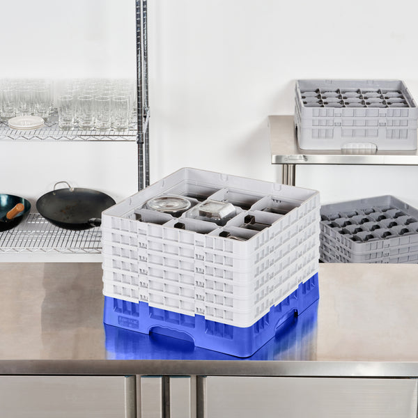 Restaurantware Clean Tek Professional Blue Glass Rack - 9 Compartments 1 Full Drop And 5 Half Drop Extenders - 19 3/4" X 19 3/4" X 13 3/4" - 1 Count Box