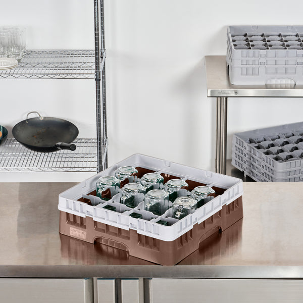 Restaurantware Clean Tek Professional Brown Glass Rack - 16 Compartments 1 Full Drop Extender - 19 3/4" X 19 3/4" X 5 3/4" - 1 Count Box