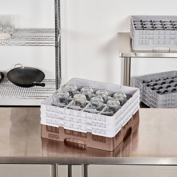 Restaurantware Clean Tek Professional Brown Glass Rack - 16 Compartments 1 Full Drop And 2 Half Drop Extenders - 19 3/4" X 19 3/4" X 8 3/4" - 1 Count Box
