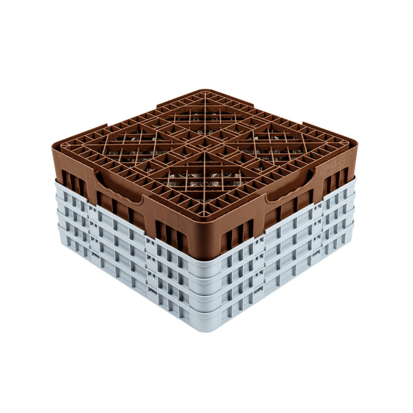 Restaurantware Clean Tek Professional Brown Glass Rack - 16 Compartments 1 Full Drop And 3 Half Drop Extenders - 19 3/4" X 19 3/4" X 10 1/2" - 1 Count Box