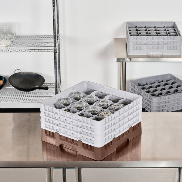 Restaurantware Clean Tek Professional Brown Glass Rack - 16 Compartments 1 Full Drop And 3 Half Drop Extenders - 19 3/4" X 19 3/4" X 10 1/2" - 1 Count Box