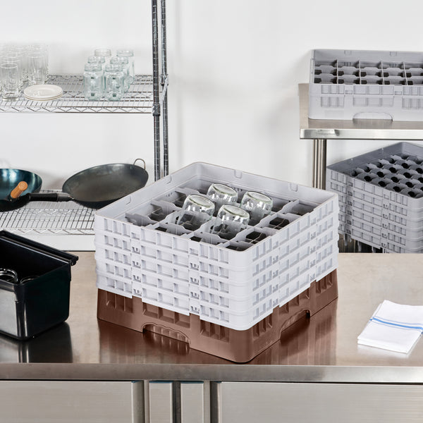 Restaurantware Clean Tek Professional Brown Glass Rack - 16 Compartments 1 Full Drop And 4 Half Drop Extenders - 19 3/4" X 19 3/4" X 12 1/4" - 1 Count Box