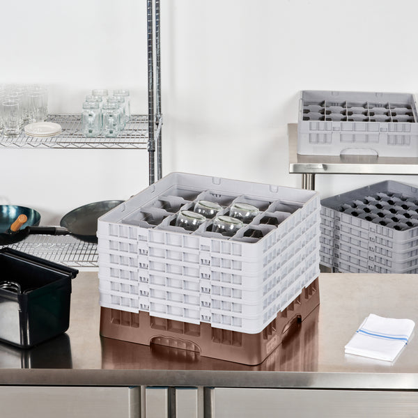 Restaurantware Clean Tek Professional Brown Glass Rack - 16 Compartments 1 Full Drop And 5 Half Drop Extenders - 19 3/4" X 19 3/4" X 13 3/4" - 1 Count Box