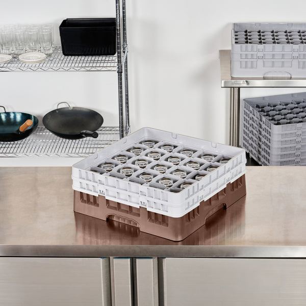 Restaurantware Clean Tek Professional Brown Glass Rack - 25 Compartments 1 Full Drop And 1 Half Drop Extender - 19 3/4" X 19 3/4" X 7 1/4" - 1 Count Box