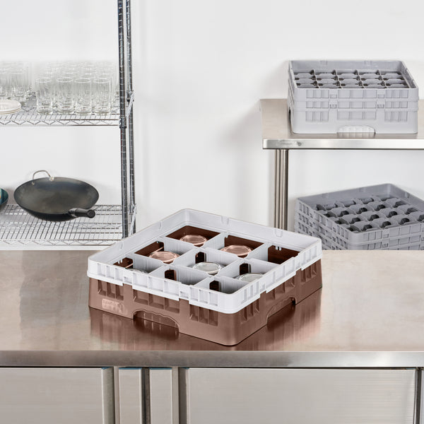 Restaurantware Clean Tek Professional Brown Glass Rack - 9 Compartments 1 Full Drop Extender - 19 3/4" X 19 3/4" X 5 3/4" - 1 Count Box
