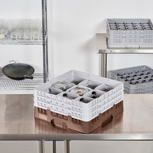 Restaurantware Clean Tek Professional Brown Glass Rack - 9 Compartments 1 Full Drop And 2 Half Drop Extenders - 19 3/4" X 19 3/4" X 8 3/4" - 1 Count Box