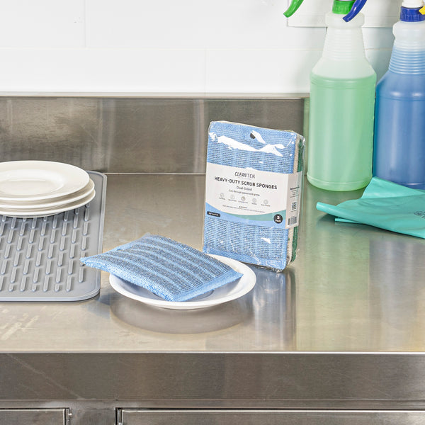 Restaurantware Clean Tek Professional Dual-Sided Heavy-Duty Multi-Purpose Scrub Sponge - Blue Beige And Green Non-Scratch - 5 1/2" X 4" - 60 Count Box