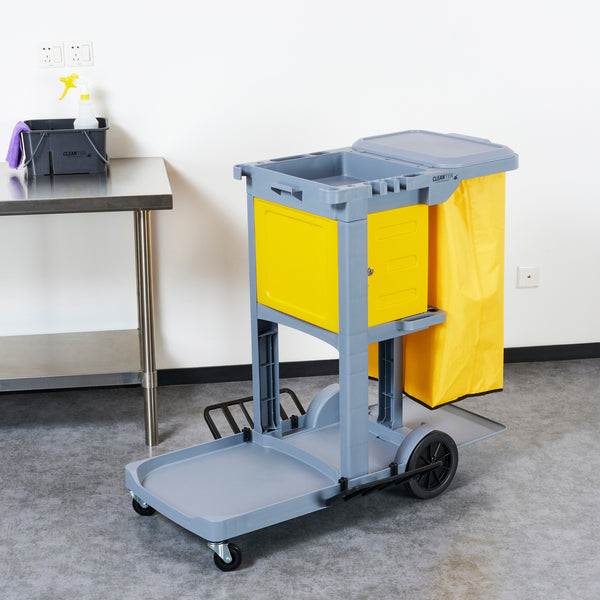 Restaurantware Clean Tek Professional Gray 3-Shelf Janitor Cart - 18 Gal Bag Lid Locking Cabinet - 44" X 28" X 39" - 1 Count Box