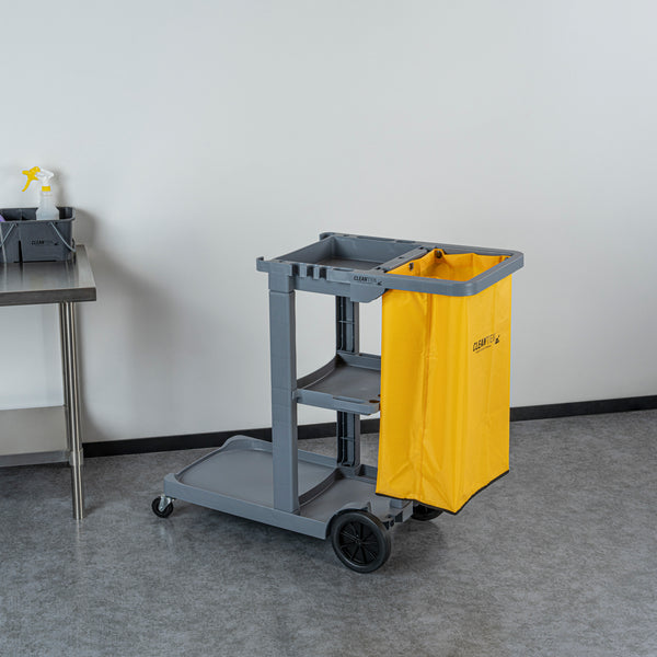 Restaurantware Clean Tek Professional Gray 3-Shelf Janitor Cart - 18 Gal Bag - 44" X 18 1/2" X 37 3/4" - 1 Count Box