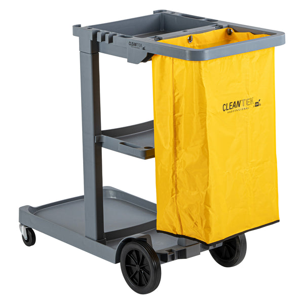 Restaurantware Clean Tek Professional Gray 3-Shelf Janitor Cart - 18 Gal Bag - 44" X 18 1/2" X 37 3/4" - 1 Count Box