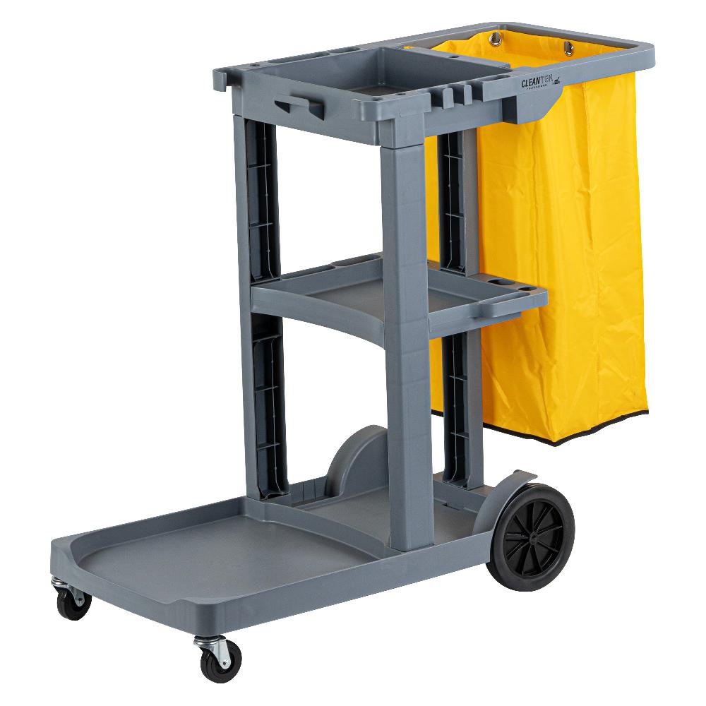 restaurantware Clean Tek Professional Gray 3-Shelf Janitor Cart - 18 gal Bag - 44" x 18 1/2" x 37 3/4" - 1 count box