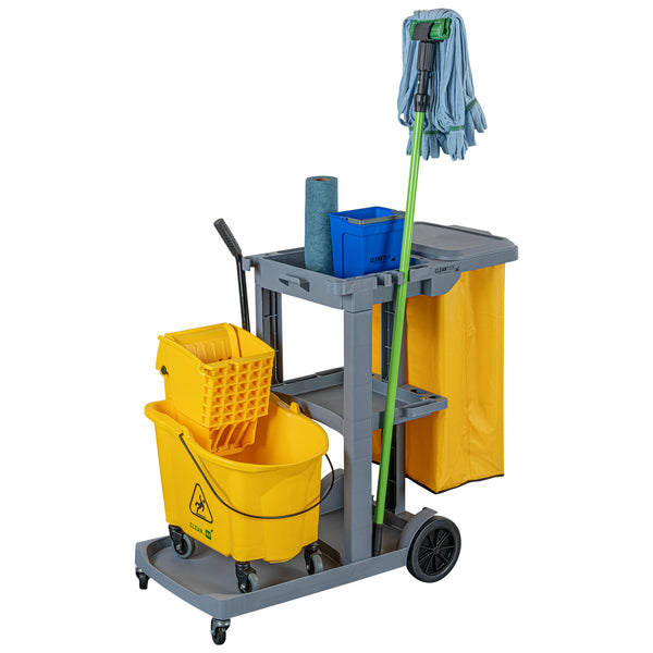 Restaurantware Clean Tek Professional Gray 3-Shelf Janitor Cart - 18 Gal Bag Lid - 44" X 18 1/2" X 39" - 1 Count Box