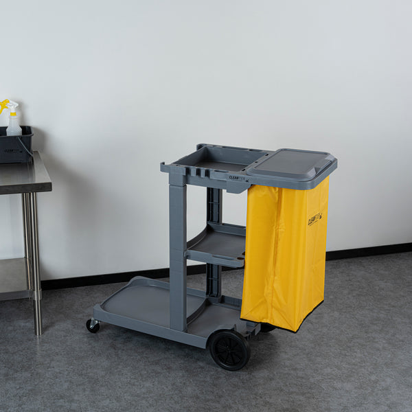 Restaurantware Clean Tek Professional Gray 3-Shelf Janitor Cart - 18 Gal Bag Lid - 44" X 18 1/2" X 39" - 1 Count Box