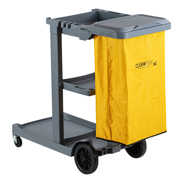 Restaurantware Clean Tek Professional Gray 3-Shelf Janitor Cart - 18 Gal Bag Lid - 44" X 18 1/2" X 39" - 1 Count Box
