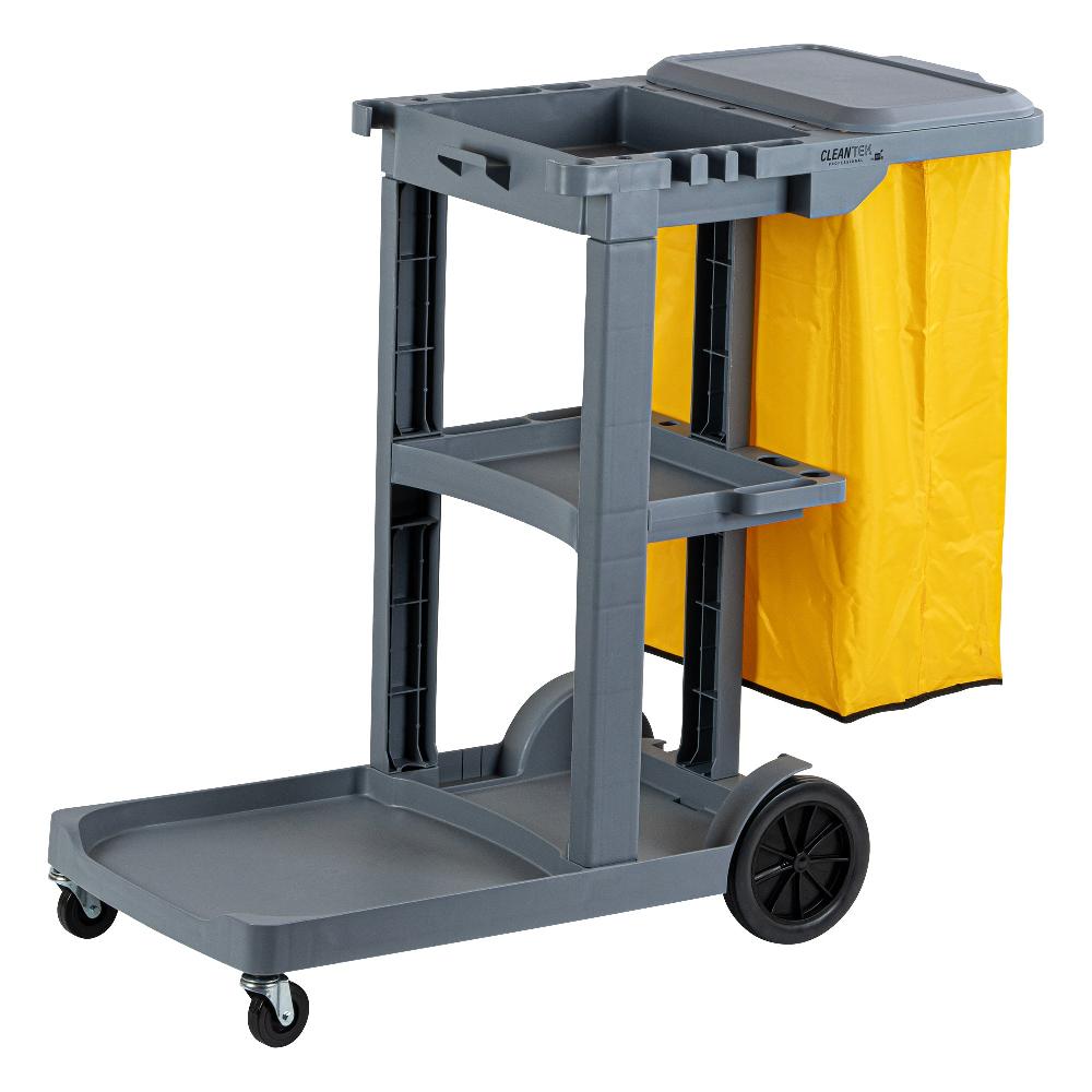 restaurantware Clean Tek Professional Gray 3-Shelf Janitor Cart - 18 gal Bag Lid - 44" x 18 1/2" x 39" - 1 count box