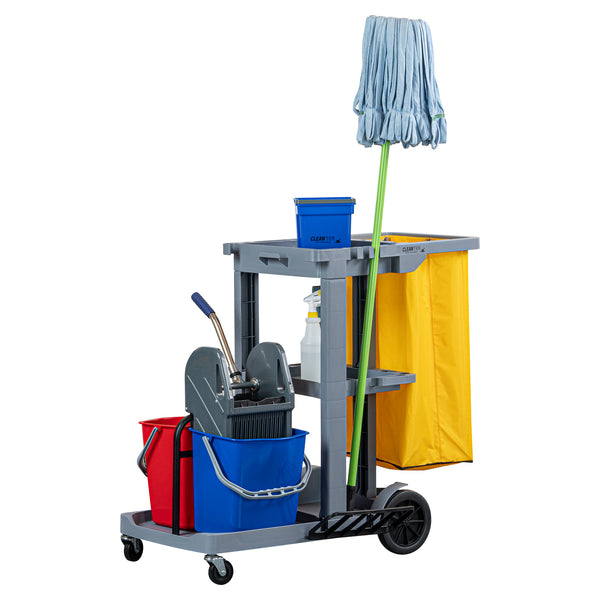 Restaurantware Clean Tek Professional Gray 3-Shelf Janitor Cart - 18 Gal Bag 2 Buckets Wringer - 44" X 28" X 37 3/4" - 1 Count Box
