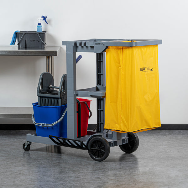 Restaurantware Clean Tek Professional Gray 3-Shelf Janitor Cart - 18 Gal Bag 2 Buckets Wringer - 44" X 28" X 37 3/4" - 1 Count Box