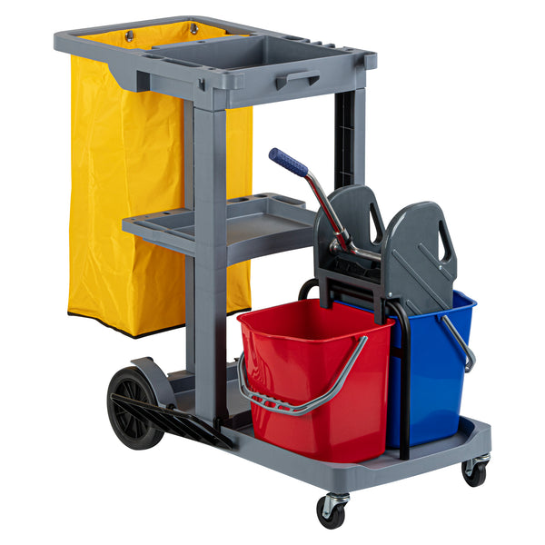 Restaurantware Clean Tek Professional Gray 3-Shelf Janitor Cart - 18 Gal Bag 2 Buckets Wringer - 44" X 28" X 37 3/4" - 1 Count Box