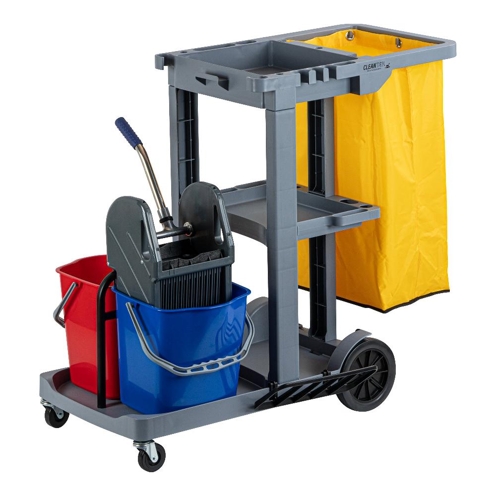 restaurantware Clean Tek Professional Gray 3-Shelf Janitor Cart - 18 gal Bag 2 Buckets Wringer - 44" x 28" x 37 3/4" - 1 count box