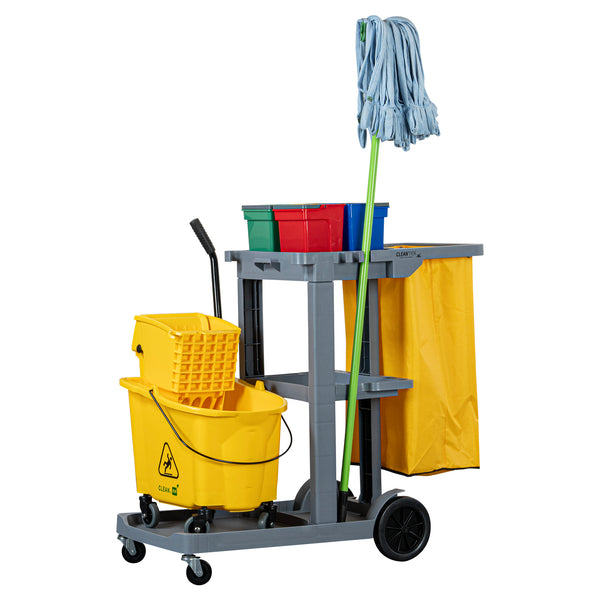 Restaurantware Clean Tek Professional Gray 3-Shelf Janitor Cart - 18 Gal Bag 4 Buckets - 44" X 18 1/2" X 43 1/4" - 1 Count Box