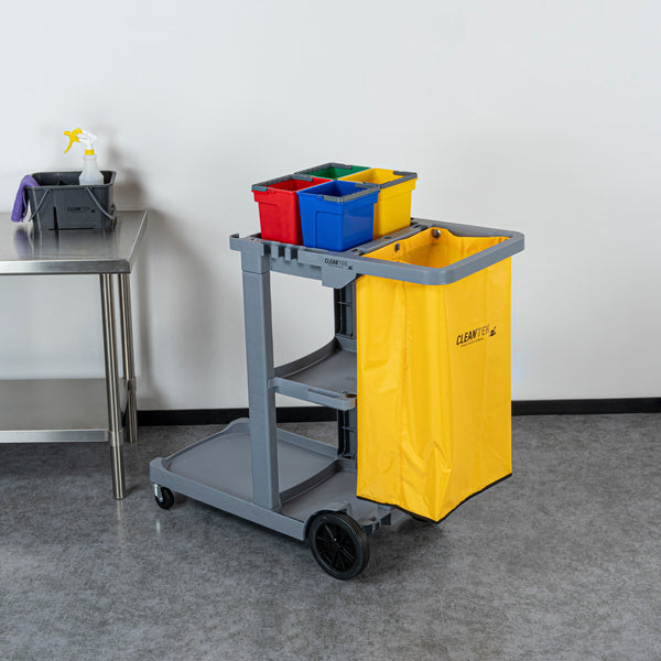 Restaurantware Clean Tek Professional Gray 3-Shelf Janitor Cart - 18 Gal Bag 4 Buckets - 44" X 18 1/2" X 43 1/4" - 1 Count Box