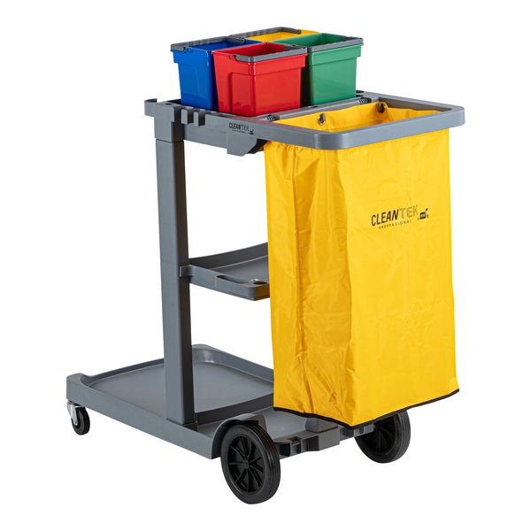 Restaurantware Clean Tek Professional Gray 3-Shelf Janitor Cart - 18 Gal Bag 4 Buckets - 44" X 18 1/2" X 43 1/4" - 1 Count Box