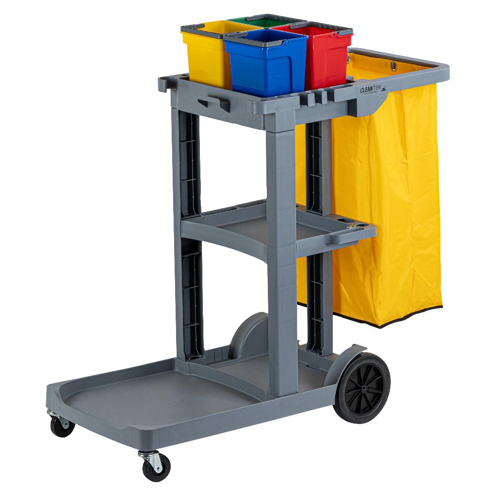 restaurantware Clean Tek Professional Gray 3-Shelf Janitor Cart - 18 gal Bag 4 Buckets - 44" x 18 1/2" x 43 1/4" - 1 count box