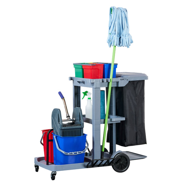 Restaurantware Clean Tek Professional Gray 3-Shelf Janitor Cart - 18 Gal Bag Lid 6 Buckets And 1 Wringer - 44" X 28" X 43 1/4" - 1 Count Box