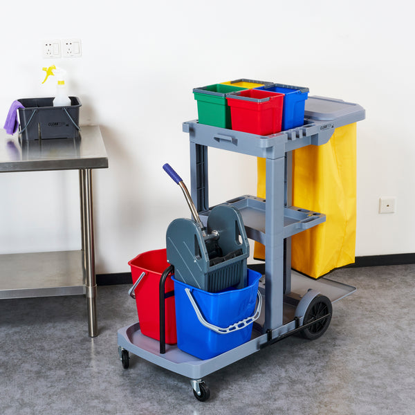 Restaurantware Clean Tek Professional Gray 3-Shelf Janitor Cart - 18 Gal Bag Lid 6 Buckets And 1 Wringer - 44" X 28" X 43 1/4" - 1 Count Box