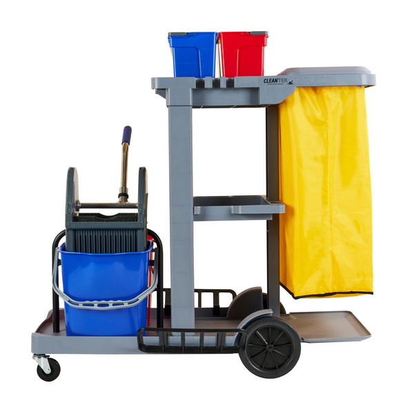 Restaurantware Clean Tek Professional Gray 3-Shelf Janitor Cart - 18 Gal Bag Lid 6 Buckets And 1 Wringer - 44" X 28" X 43 1/4" - 1 Count Box
