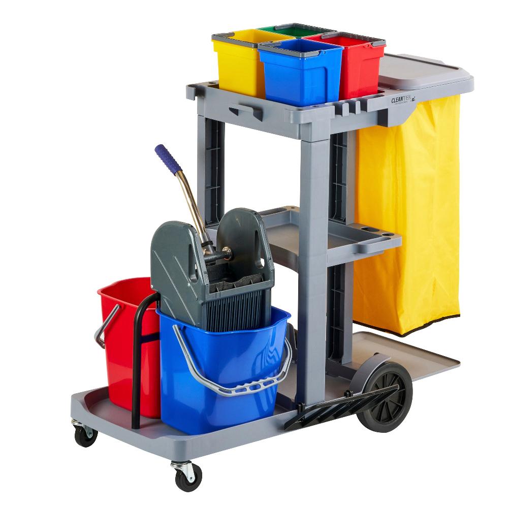 restaurantware Clean Tek Professional Gray 3-Shelf Janitor Cart - 18 gal Bag Lid 6 Buckets and 1 Wringer - 44" x 28" x 43 1/4" - 1 count box