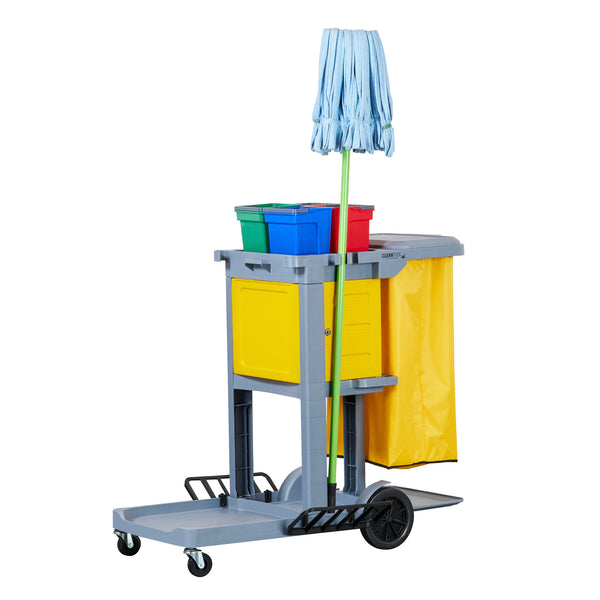 Restaurantware Clean Tek Professional Gray 3-Shelf Janitor Cart - 18 Gal Bag Lid 4 Buckets And 1 Locking Cabinet - 44" X 28" X 43 1/4" - 1 Count Box
