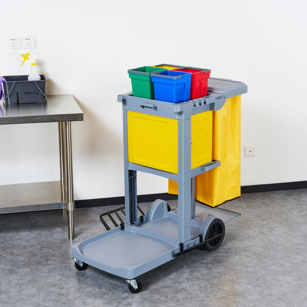 Restaurantware Clean Tek Professional Gray 3-Shelf Janitor Cart - 18 Gal Bag Lid 4 Buckets And 1 Locking Cabinet - 44" X 28" X 43 1/4" - 1 Count Box