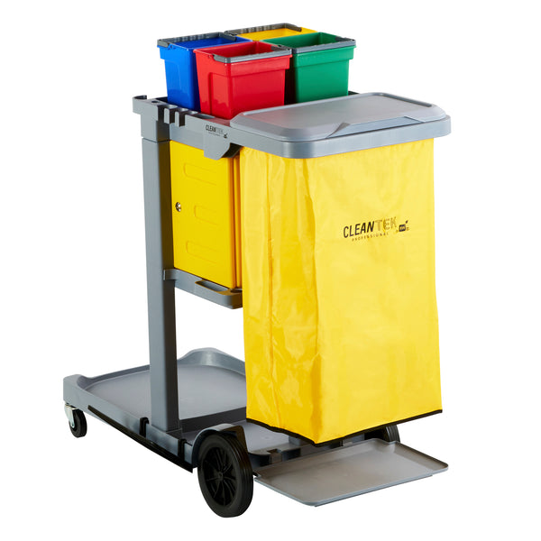 Restaurantware Clean Tek Professional Gray 3-Shelf Janitor Cart - 18 Gal Bag Lid 4 Buckets And 1 Locking Cabinet - 44" X 28" X 43 1/4" - 1 Count Box