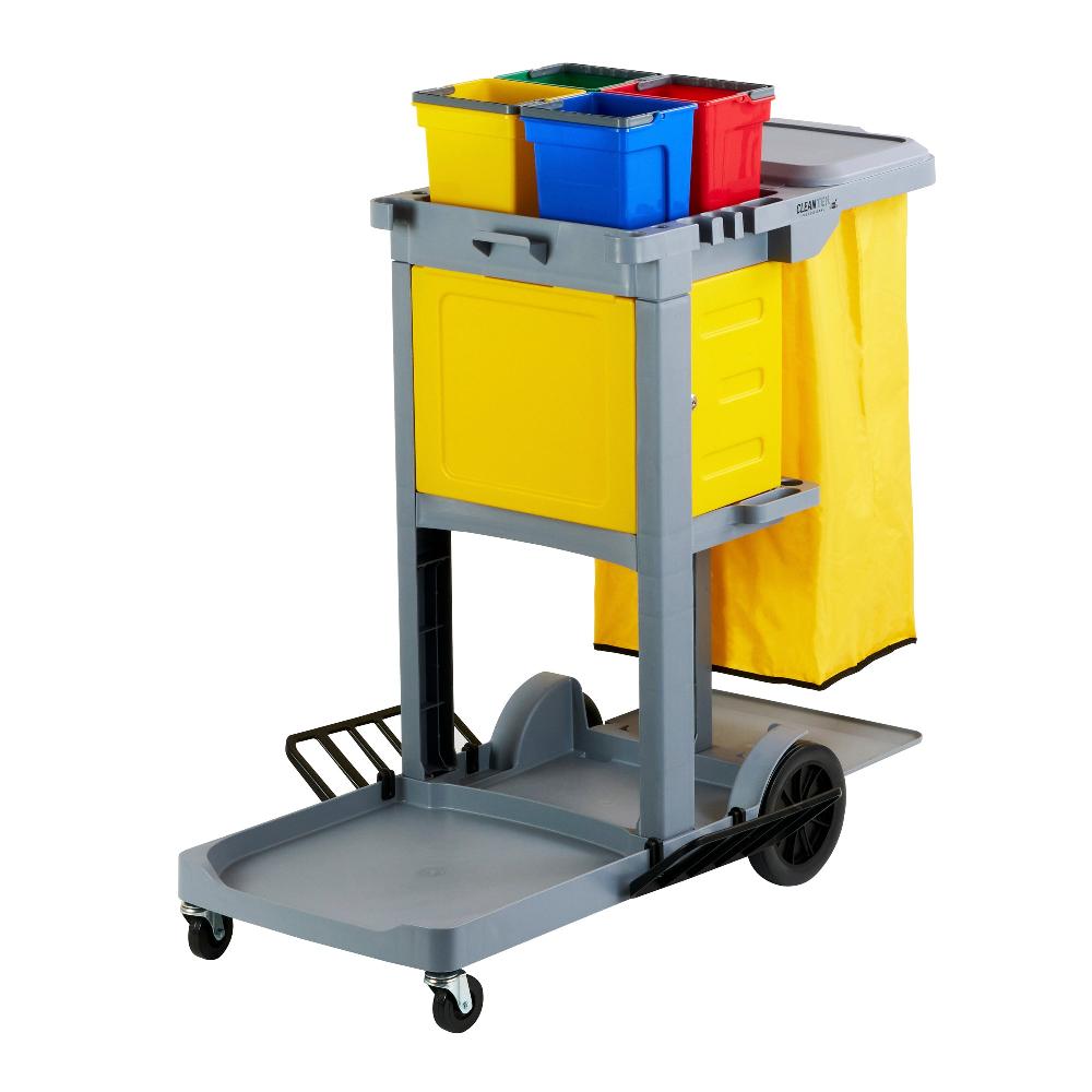 restaurantware Clean Tek Professional Gray 3-Shelf Janitor Cart - 18 gal Bag Lid 4 Buckets and 1 Locking Cabinet - 44" x 28" x 43 1/4" - 1 count box