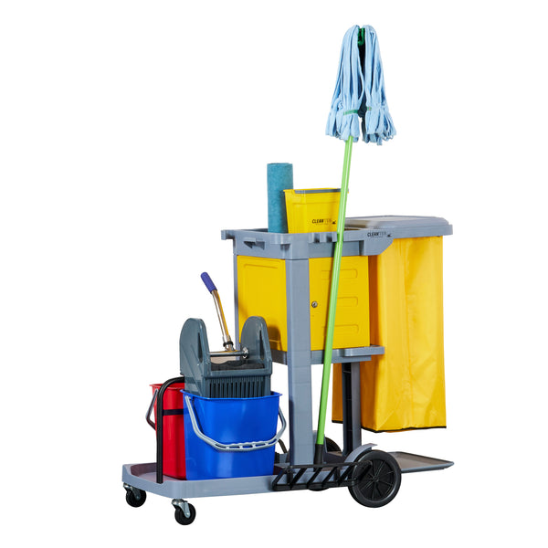 Restaurantware Clean Tek Professional Gray 3-Shelf Janitor Cart - 18 Gal Bag Lid 2 Buckets 1 Wringer 1 Locking Cabinet - 44" X 28" X 39" - 1 Count Box