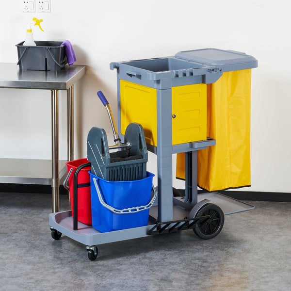 Restaurantware Clean Tek Professional Gray 3-Shelf Janitor Cart - 18 Gal Bag Lid 2 Buckets 1 Wringer 1 Locking Cabinet - 44" X 28" X 39" - 1 Count Box