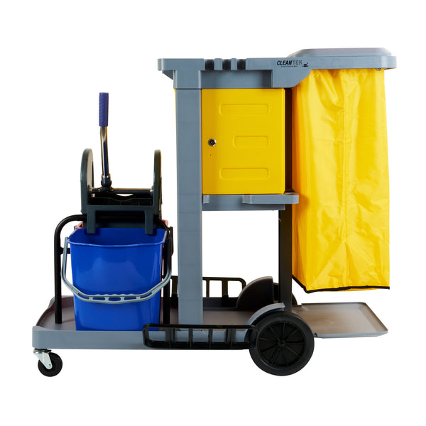 Restaurantware Clean Tek Professional Gray 3-Shelf Janitor Cart - 18 Gal Bag Lid 2 Buckets 1 Wringer 1 Locking Cabinet - 44" X 28" X 39" - 1 Count Box