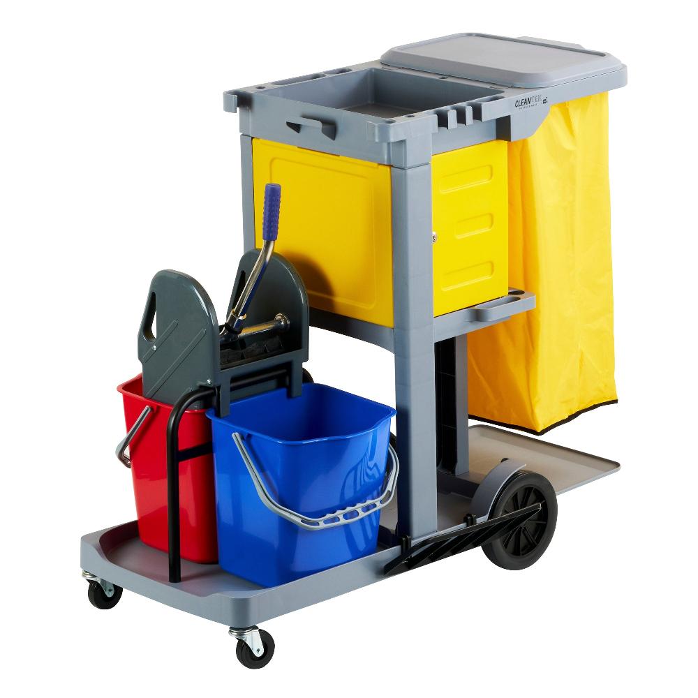 restaurantware Clean Tek Professional Gray 3-Shelf Janitor Cart - 18 gal Bag Lid 2 Buckets 1 Wringer 1 Locking Cabinet - 44" x 28" x 39" - 1 count box