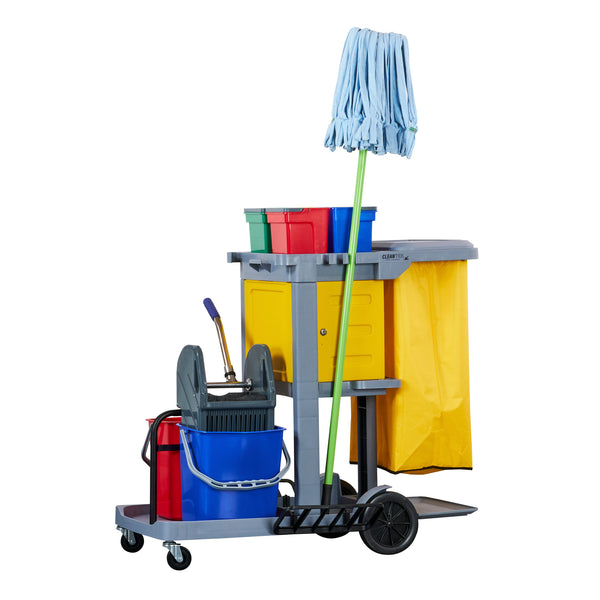 Restaurantware Clean Tek Professional Gray 3-Shelf Janitor Cart - 18 Gal Bag Lid 6 Buckets 1 Wringer 1 Locking Cabinet - 44" X 28" X 43 1/4" - 1 Count Box