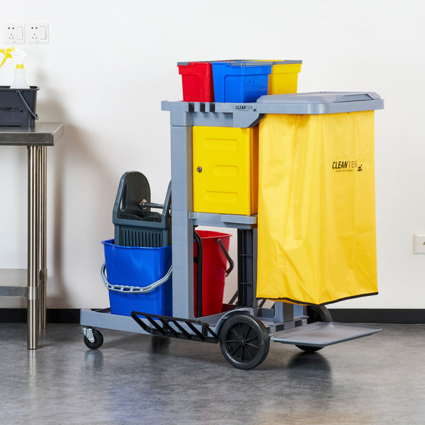 Restaurantware Clean Tek Professional Gray 3-Shelf Janitor Cart - 18 Gal Bag Lid 6 Buckets 1 Wringer 1 Locking Cabinet - 44" X 28" X 43 1/4" - 1 Count Box