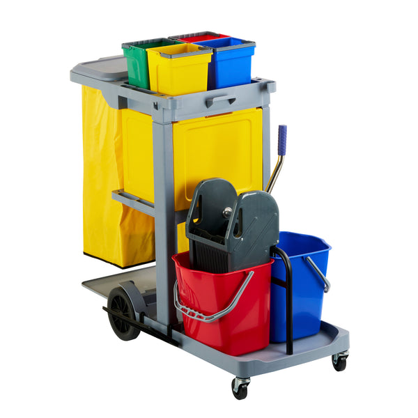 Restaurantware Clean Tek Professional Gray 3-Shelf Janitor Cart - 18 Gal Bag Lid 6 Buckets 1 Wringer 1 Locking Cabinet - 44" X 28" X 43 1/4" - 1 Count Box