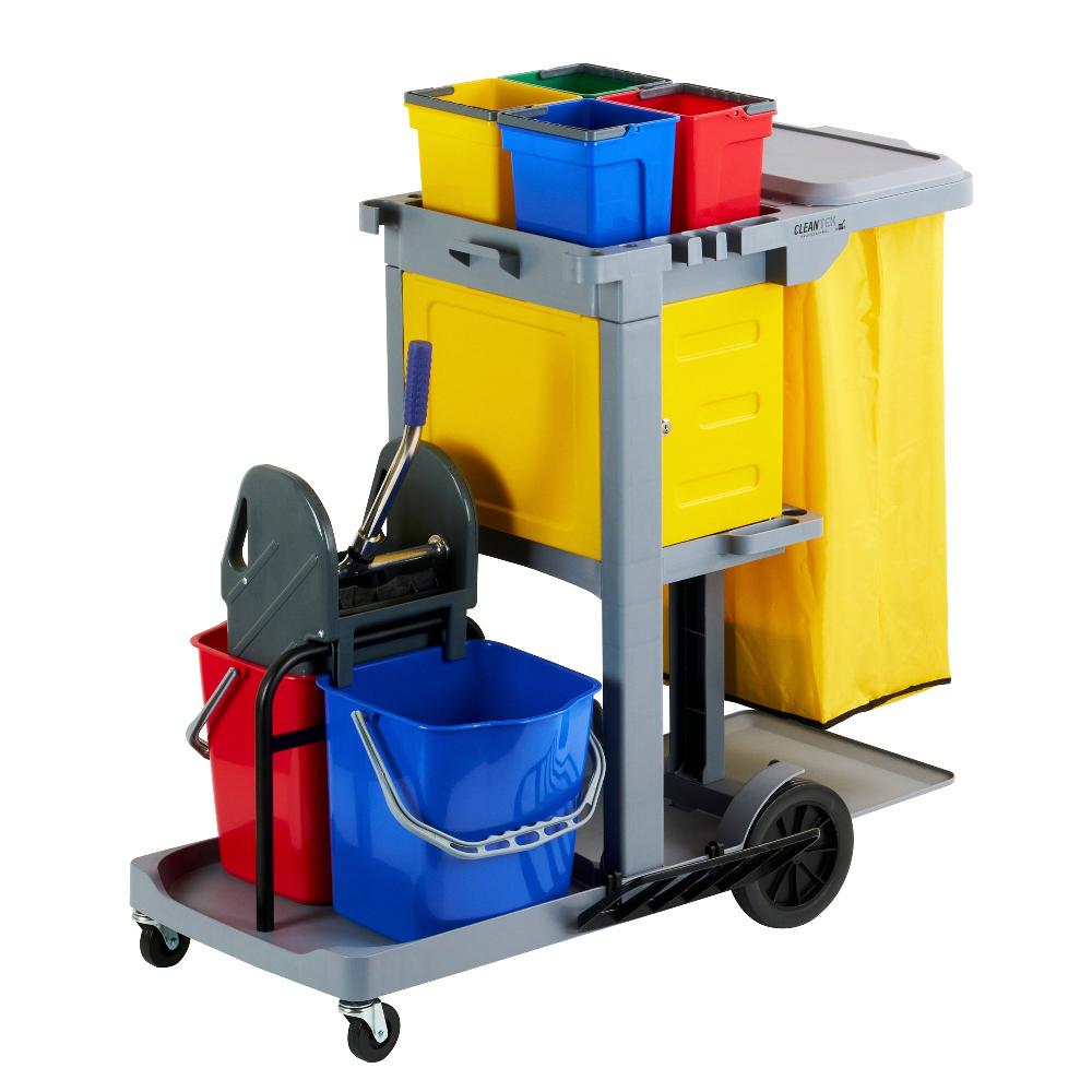 restaurantware Clean Tek Professional Gray 3-Shelf Janitor Cart - 18 gal Bag Lid 6 Buckets 1 Wringer 1 Locking Cabinet - 44" x 28" x 43 1/4" - 1 count box