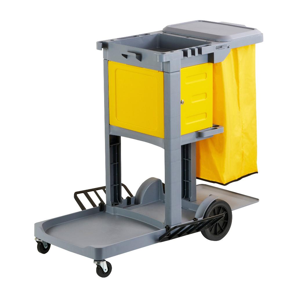 restaurantware Clean Tek Professional Gray 3-Shelf Janitor Cart - 18 gal Bag Lid Locking Cabinet - 44" x 28" x 39" - 1 count box
