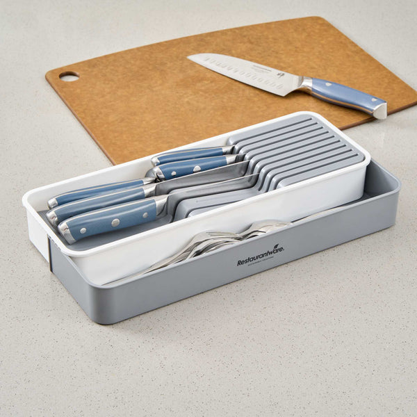Restaurantware Clean Tek Professional Gray And White Plastic Expandable 2-Tier Knife Drawer Organizer - 15 1/2" X 5 1/2" X 2 1/4" - 12 Count Box