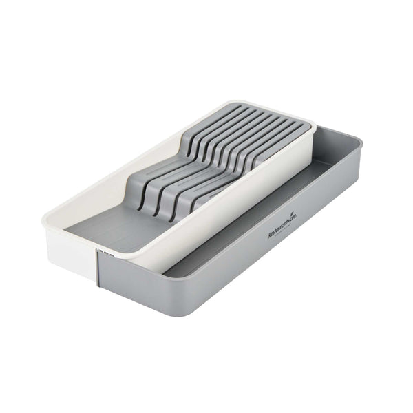 Restaurantware Clean Tek Professional Gray And White Plastic Expandable 2-Tier Knife Drawer Organizer - 15 1/2" X 5 1/2" X 2 1/4" - 12 Count Box